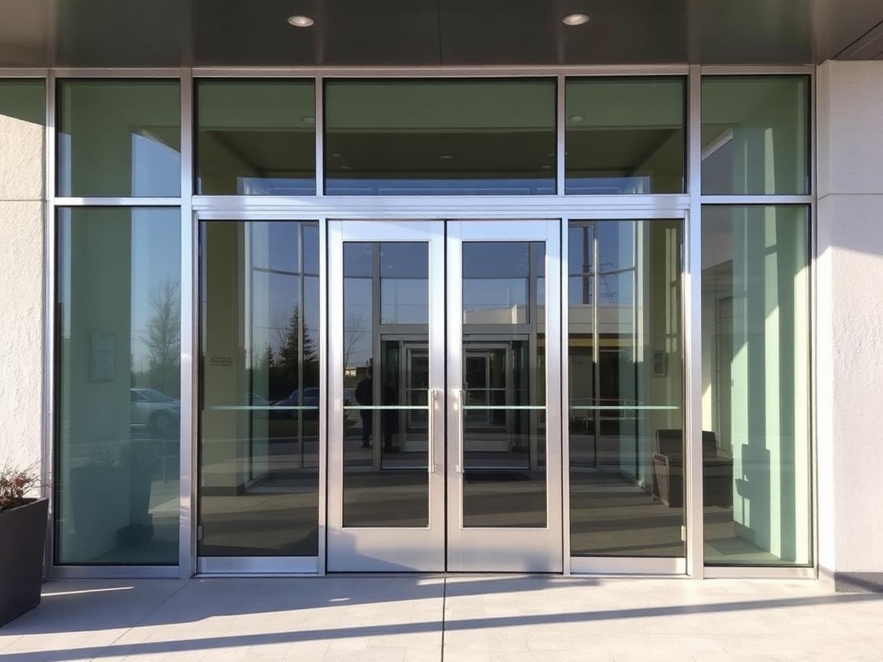 Porta de vidro pivotante em fachada comercial